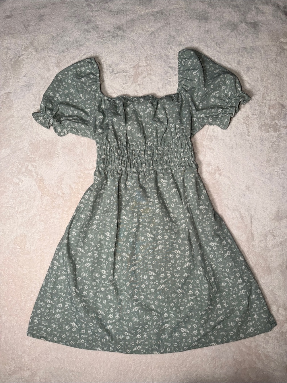 IRIS Sage Green Floral Smocked Cottagecore Puff Sleeve Linen Blend Mini Dress L⁠ - Picture 4 of 6